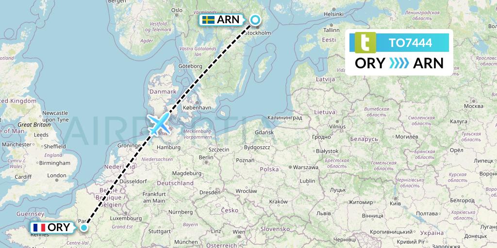 TO7444 Transavia France Flight Map: Paris to Stockholm