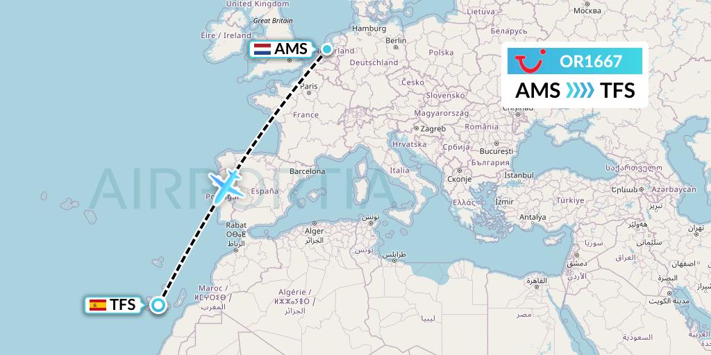 OR1667 TUI fly Netherlands Flight Map: Amsterdam to Tenerife