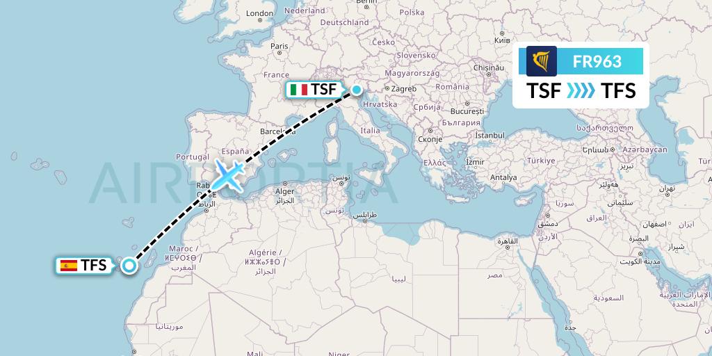 FR963 Ryanair Flight Map: Treviso to Tenerife