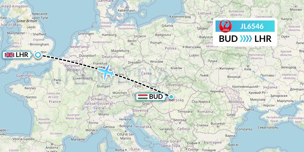 JL6546 Japan Airlines Flight Map: Budapest to London
