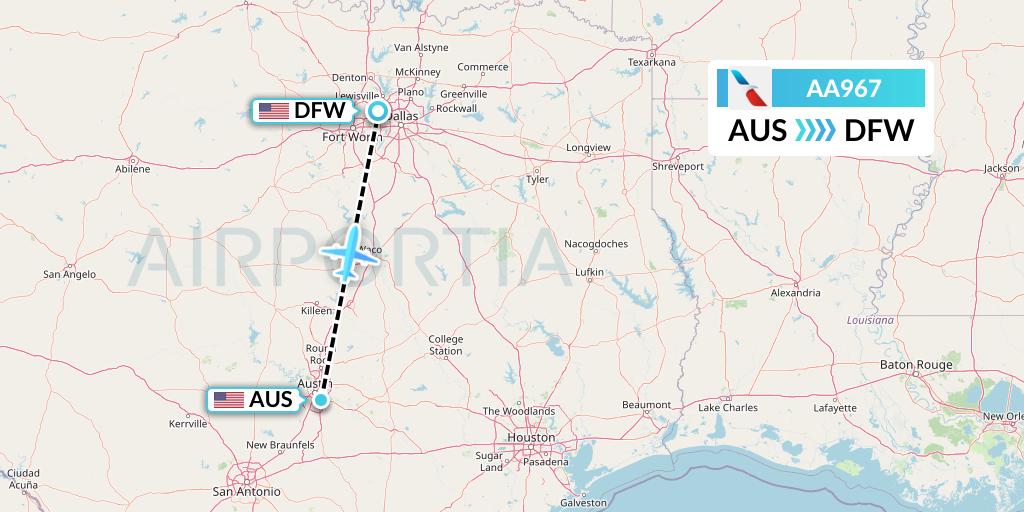 AA967 American Airlines Flight Map: Austin to Dallas