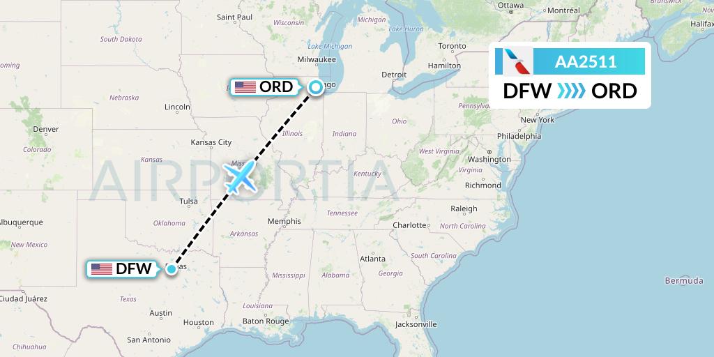 AA2511 American Airlines Flight Map: Dallas to Chicago