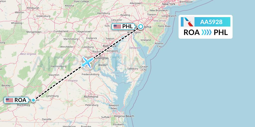AA5928 American Airlines Flight Map: Roanoke to Philadelphia