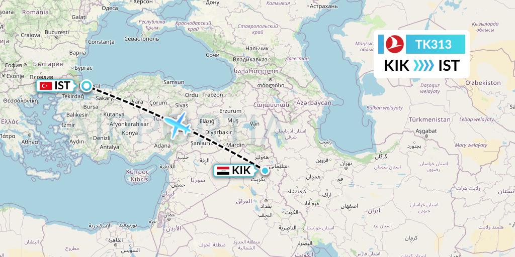TK313 Turkish Airlines Flight Map: Kirkuk to Istanbul