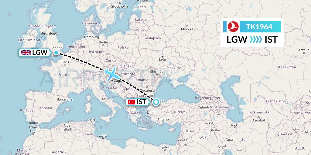 TK1964 Turkish Airlines Flight Map: London to Istanbul
