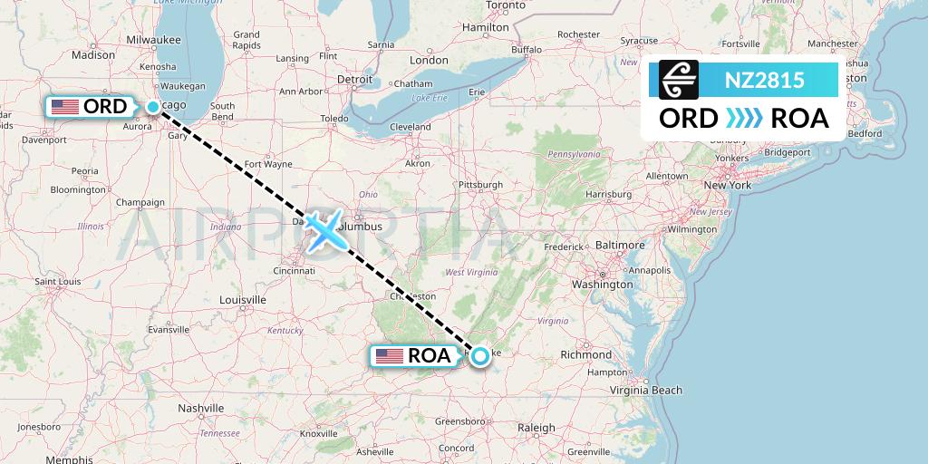 NZ2815 Air New Zealand Flight Map: Chicago to Roanoke