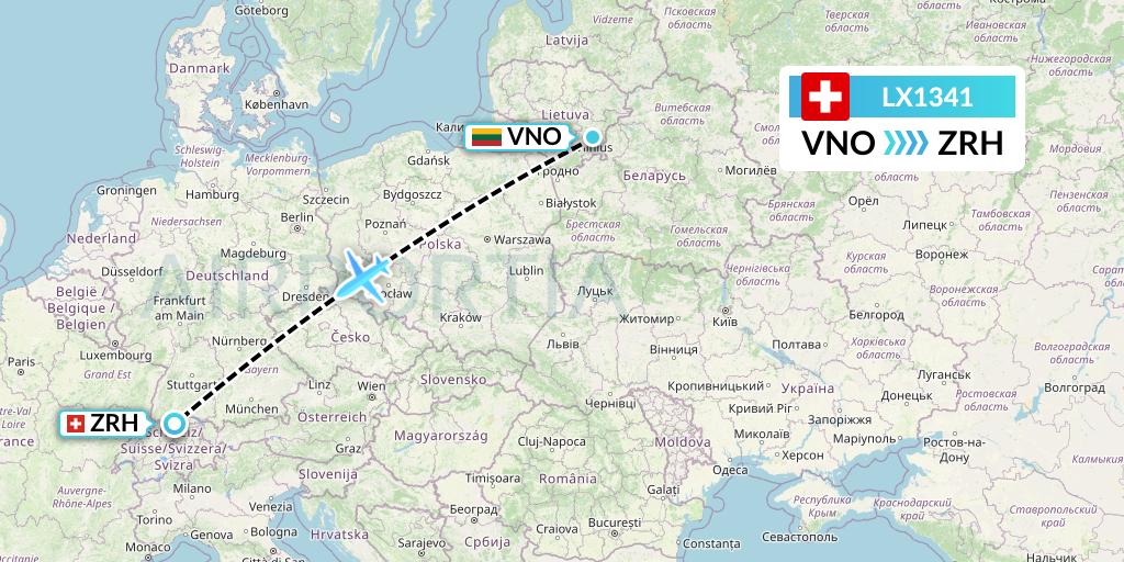 LX1341 Swiss Flight Map: Vilnius to Zurich