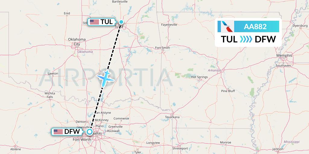 AA882 American Airlines Flight Map: Tulsa to Dallas