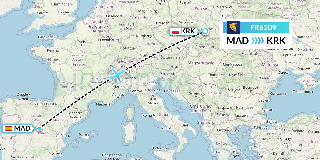 FR6209 Ryanair Flight Map: Madrid to Krakow