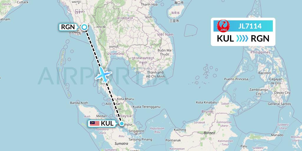 JL7114 Japan Airlines Flight Map: Kuala Lumpur to Yangon