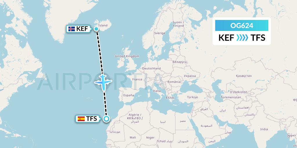 OG624 Fly Play Flight Map: Reykjavik to Tenerife