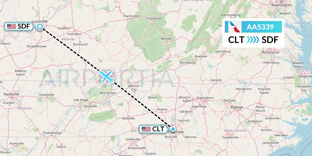 AA5339 American Airlines Flight Map: Charlotte to Louisville