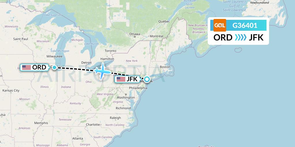 G36401 GOL Transportes Aeros Flight Map: Chicago to New York