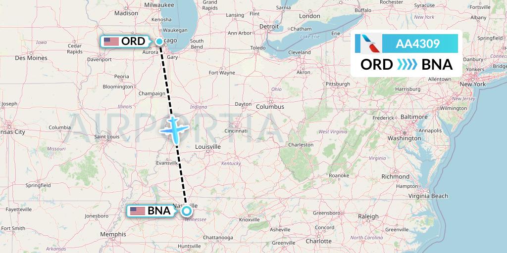 AA4309 American Airlines Flight Map: Chicago to Nashville