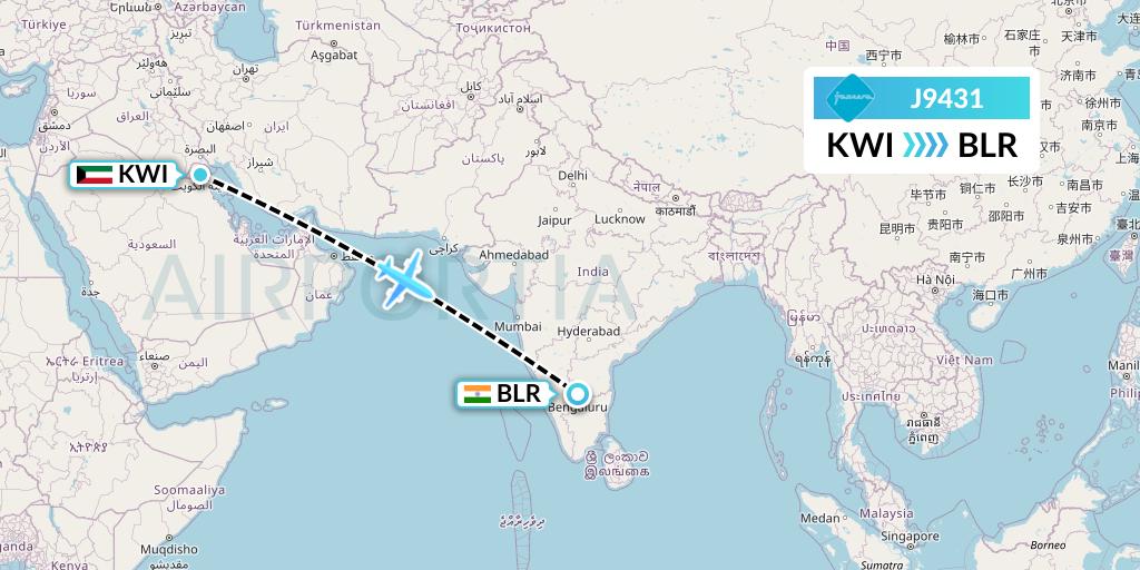 J9431 Jazeera Airways Flight Map: Kuwait City to Bangalore