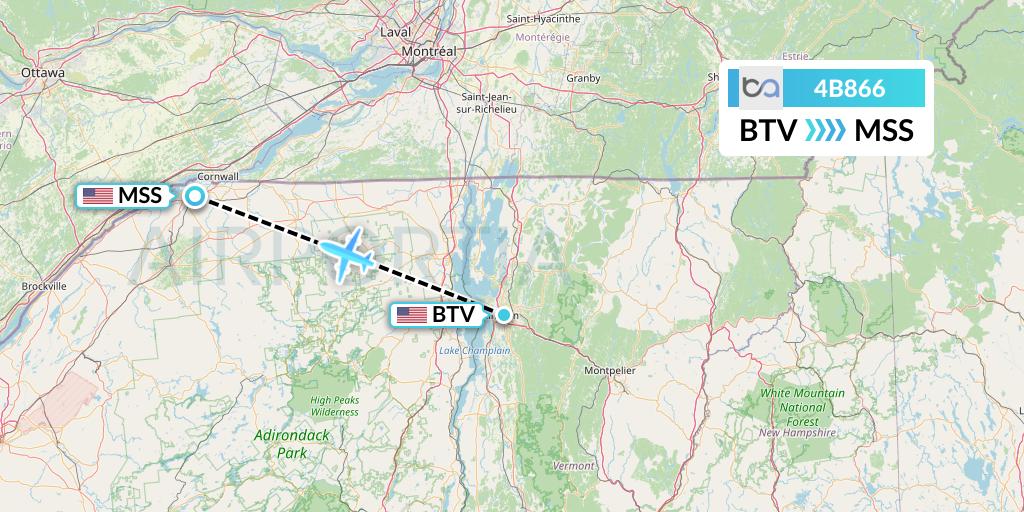 4B866 Boutique Air Flight Map: Burlington to Massena
