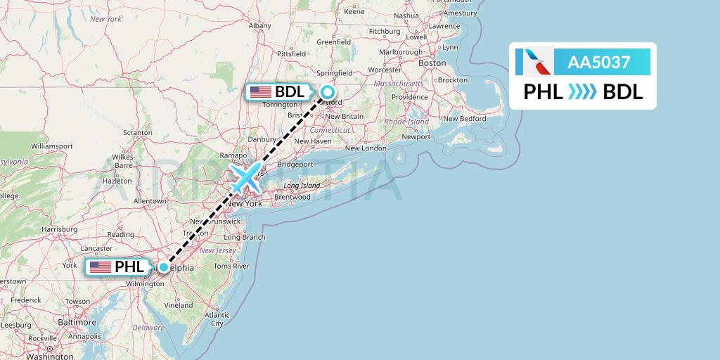 AA5037 American Airlines Flight Map: Philadelphia to Windsor Locks