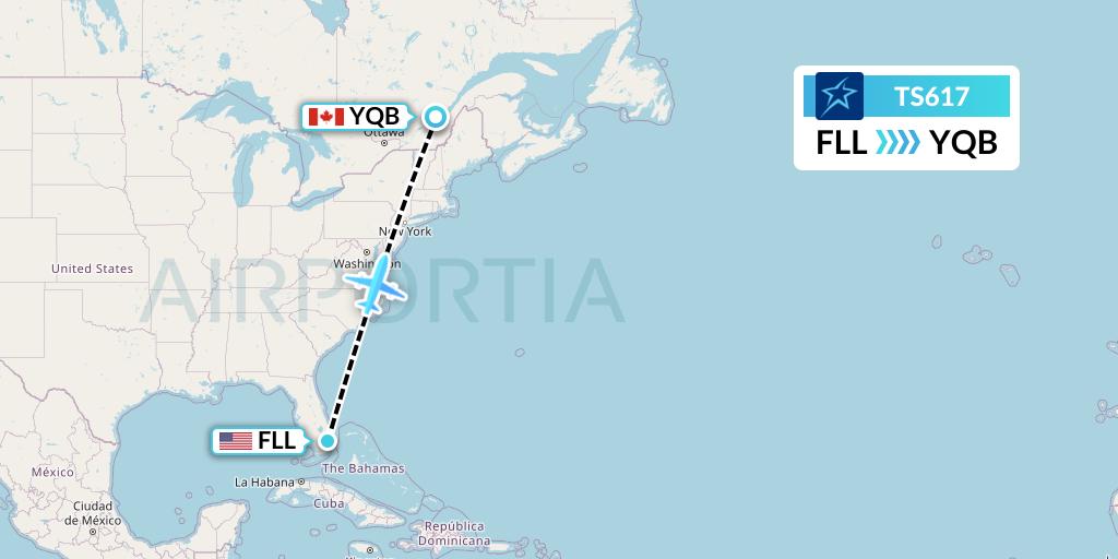 TS617 Air Transat Flight Map: Fort Lauderdale to Quebec