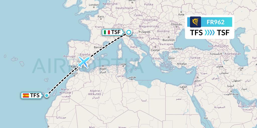 FR962 Ryanair Flight Map: Tenerife to Treviso