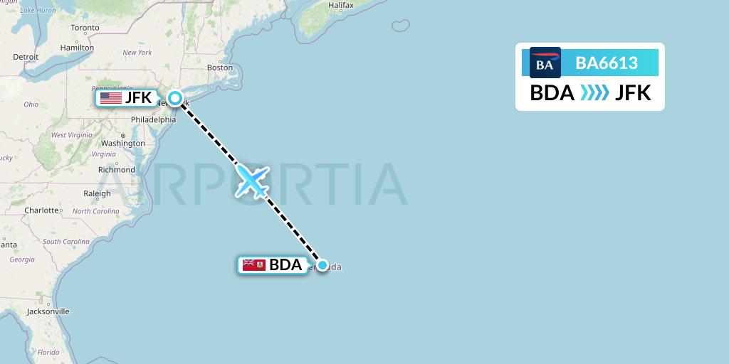 BA6613 British Airways Flight Map: Bermuda to New York
