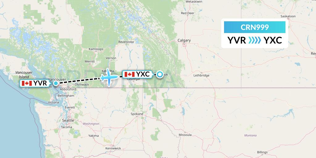 CRN999 Aerocaribbean Flight Map: Vancouver to Cranbrook