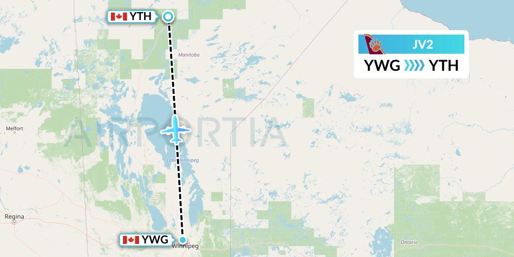 JV2 Bearskin Airlines Flight Map: Winnipeg to Thompson