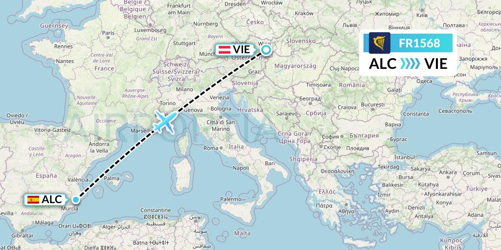 FR1568 Ryanair Flight Map: Alicante to Vienna