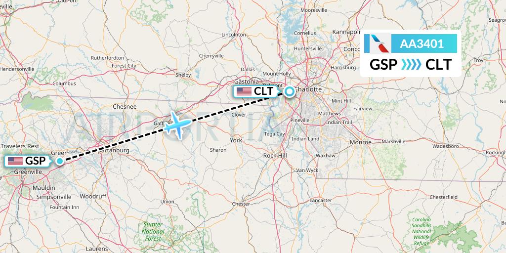 AA3401 American Airlines Flight Map: Greenville-Spartanburg to Charlotte