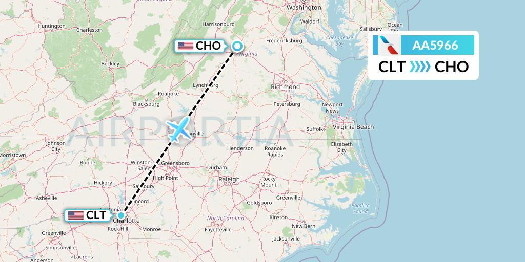 AA5966 American Airlines Flight Map: Charlotte to Charlottesville