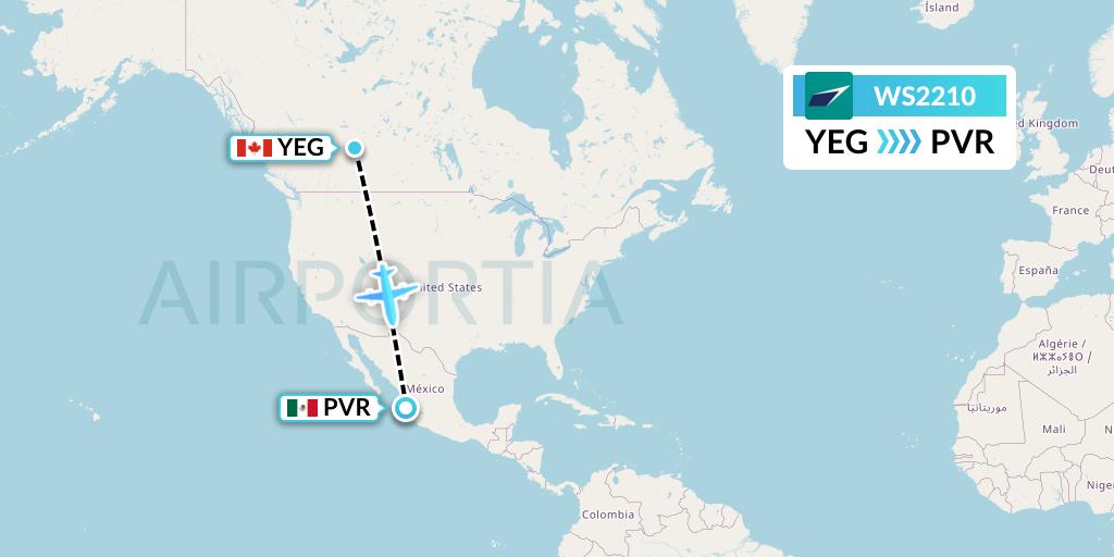 WS2210 WestJet Flight Map: Edmonton to Puerto Vallarta