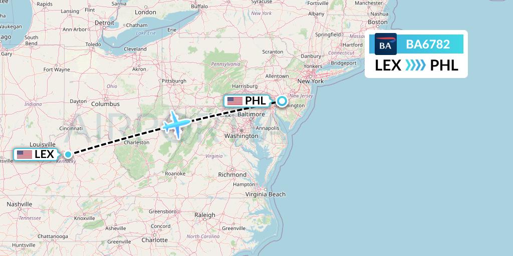 BA6782 British Airways Flight Map: Lexington to Philadelphia