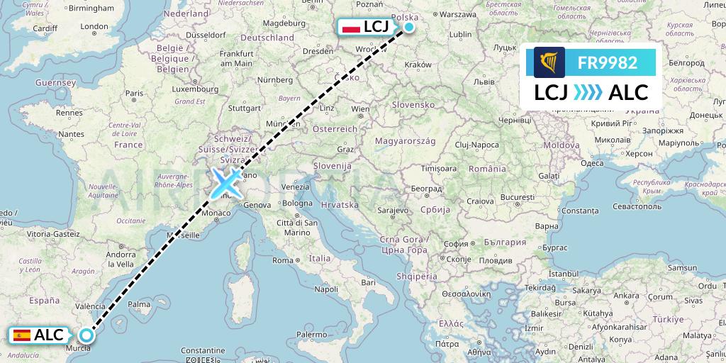 FR9982 Ryanair Flight Map: Lodz to Alicante
