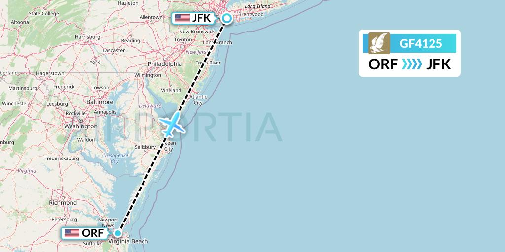 GF4125 Gulf Air Flight Map: Norfolk to New York