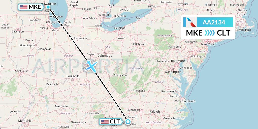 AA2134 American Airlines Flight Map: Milwaukee to Charlotte
