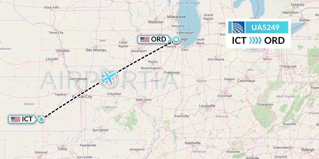 UA5249 United Airlines Flight Map: Wichita to Chicago