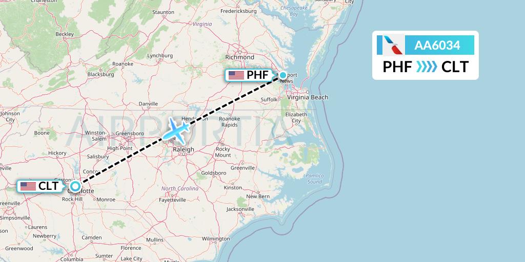 AA6034 American Airlines Flight Map: Newport News to Charlotte
