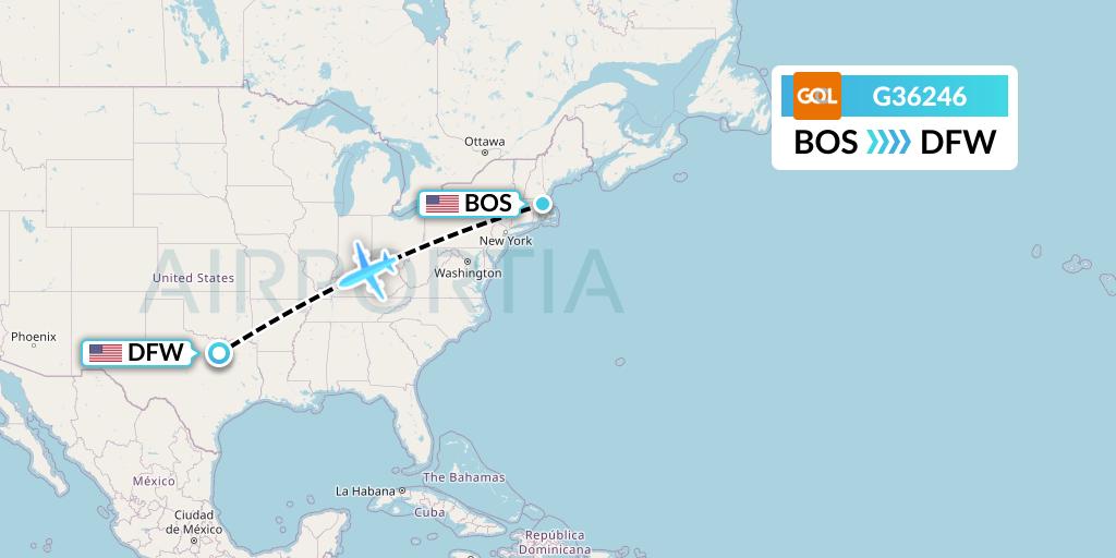 G36246 GOL Transportes Aeros Flight Map: Boston to Dallas