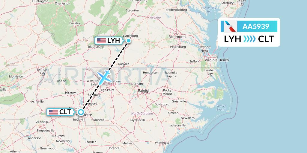 AA5939 American Airlines Flight Map: Lynchburg to Charlotte
