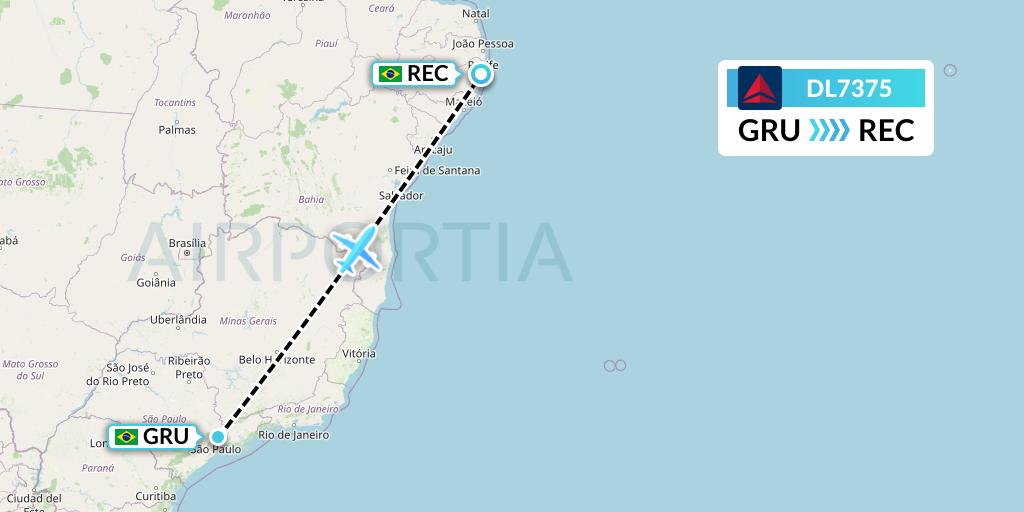 DL7375 Delta Air Lines Flight Map: Sao Paulo to Recife