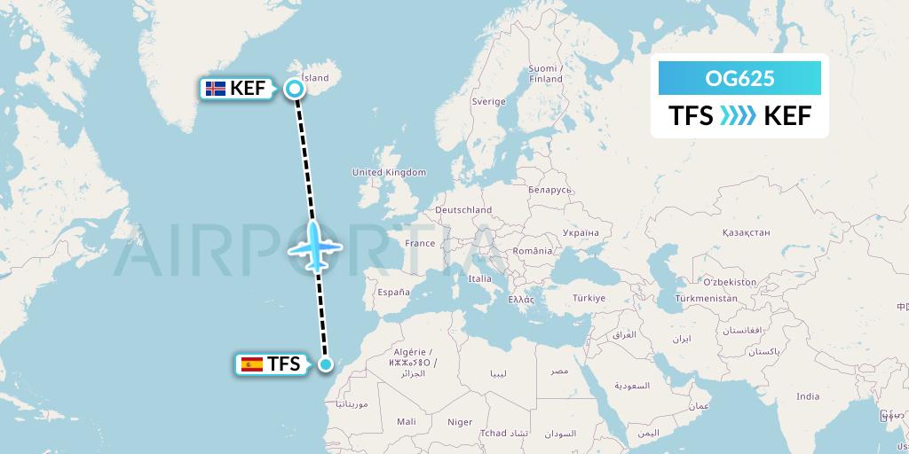 OG625 Fly Play Flight Map: Tenerife to Reykjavik