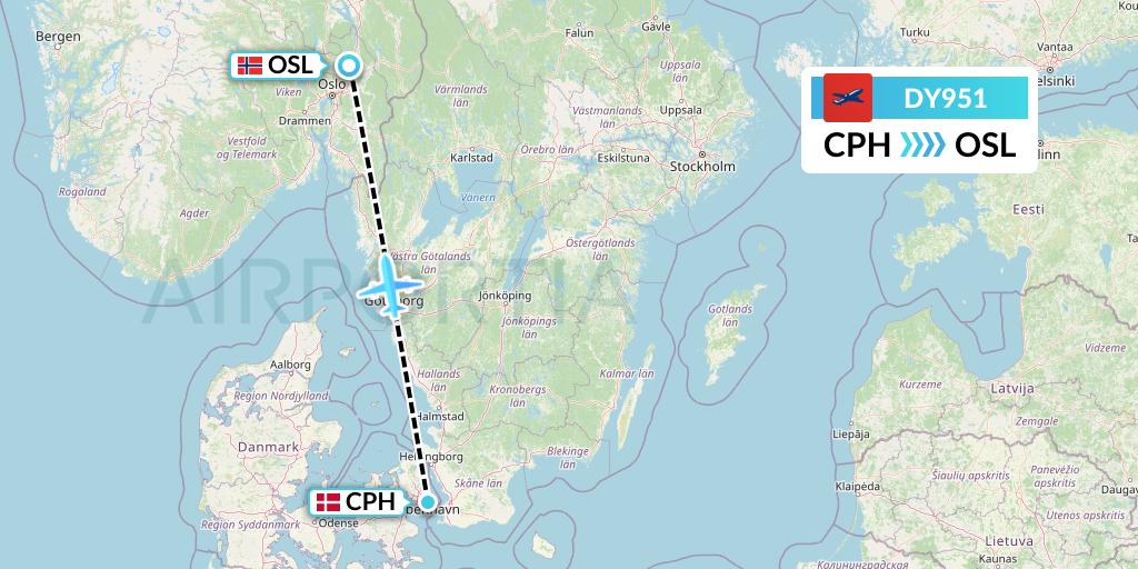 DY951 Norwegian Flight Map: Copenhagen to Oslo