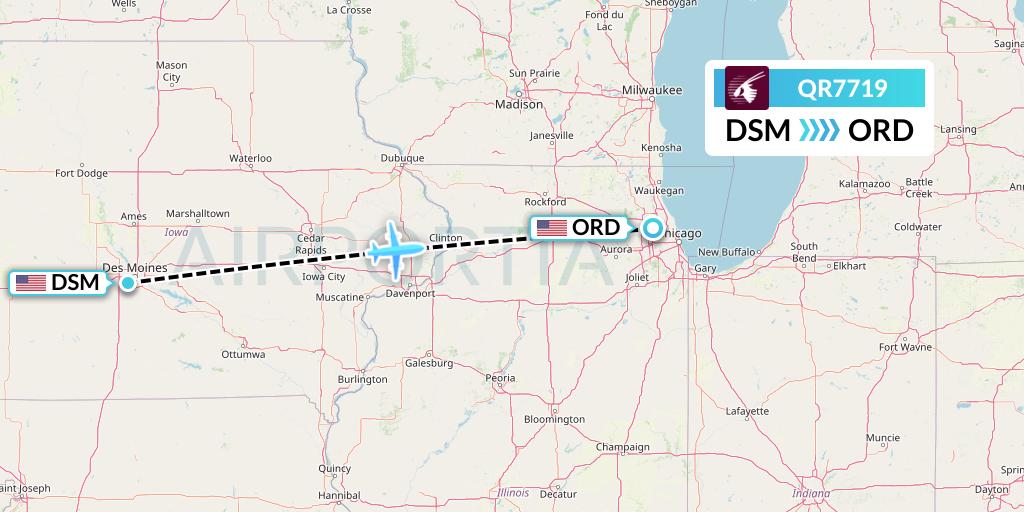 QR7719 Qatar Airways Flight Map: Des Moines to Chicago