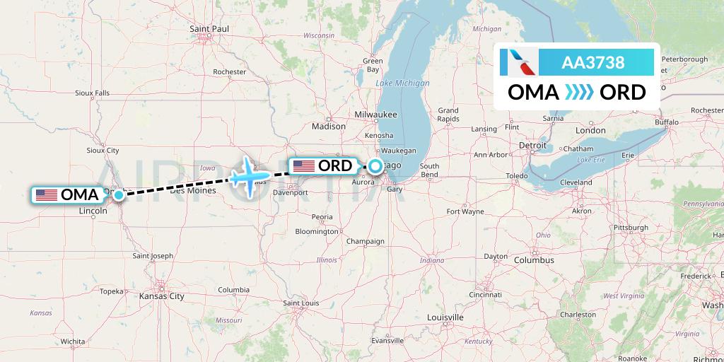 AA3738 American Airlines Flight Map: Omaha to Chicago