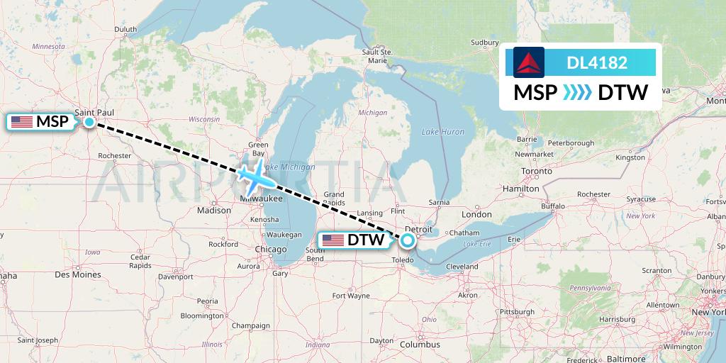 DL4182 Delta Air Lines Flight Map: Minneapolis to Detroit
