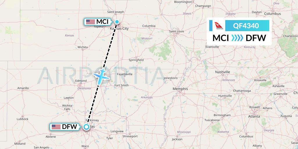 QF4340 Qantas Flight Map: Kansas City to Dallas