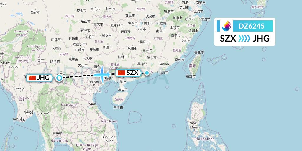 DZ6245 Donghai Airlines Flight Map: Shenzhen to Jinghong