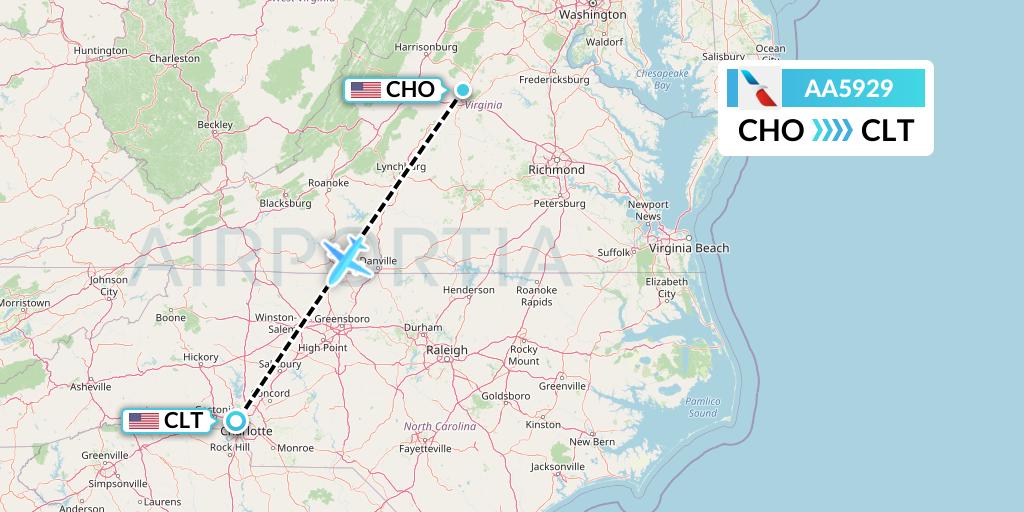 AA5929 American Airlines Flight Map: Charlottesville to Charlotte