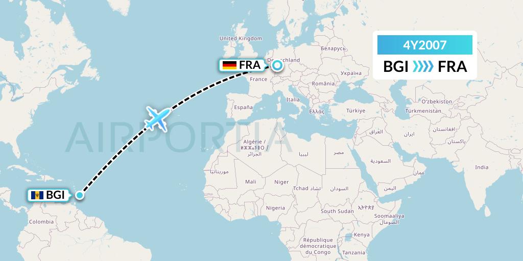 4Y2007 Eurowings Discover Flight Map: Bridgetown to Frankfurt