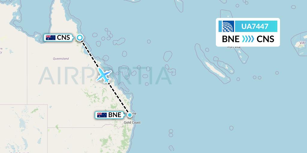 UA7447 United Airlines Flight Map: Brisbane to Cairns