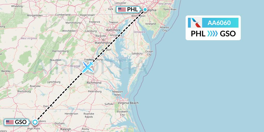 AA6060 American Airlines Flight Map: Philadelphia to Greensboro